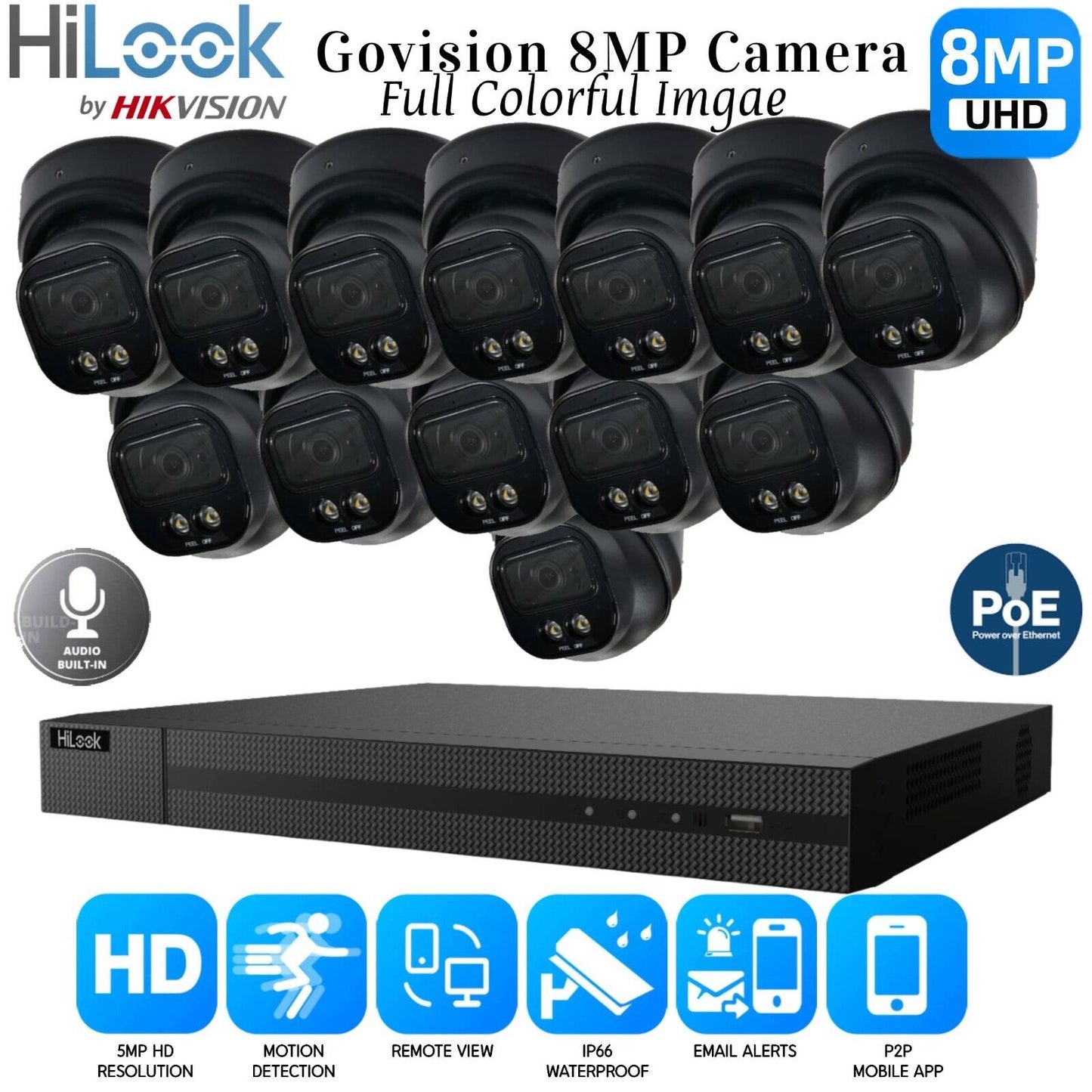 4K HIKVISION COLORVU AUDIO CCTV SYSTEM IP POE NVR 8MP CAMERA MIC NIGHTVISION KIT 16CH NVR 13xCameras (black) 10TB HDD