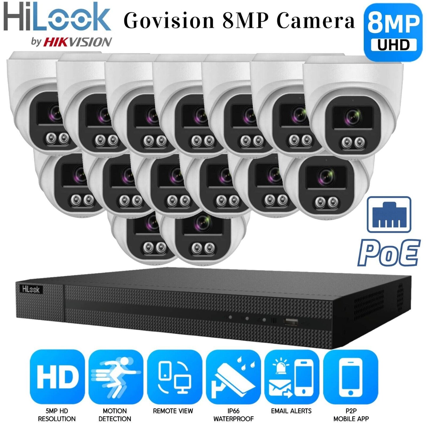 4K HIKVISION COLORVU AUDIO CCTV SYSTEM IP POE NVR 8MP CAMERA MIC NIGHTVISION KIT 16CH NVR 15xCameras (black) 10TB HDD