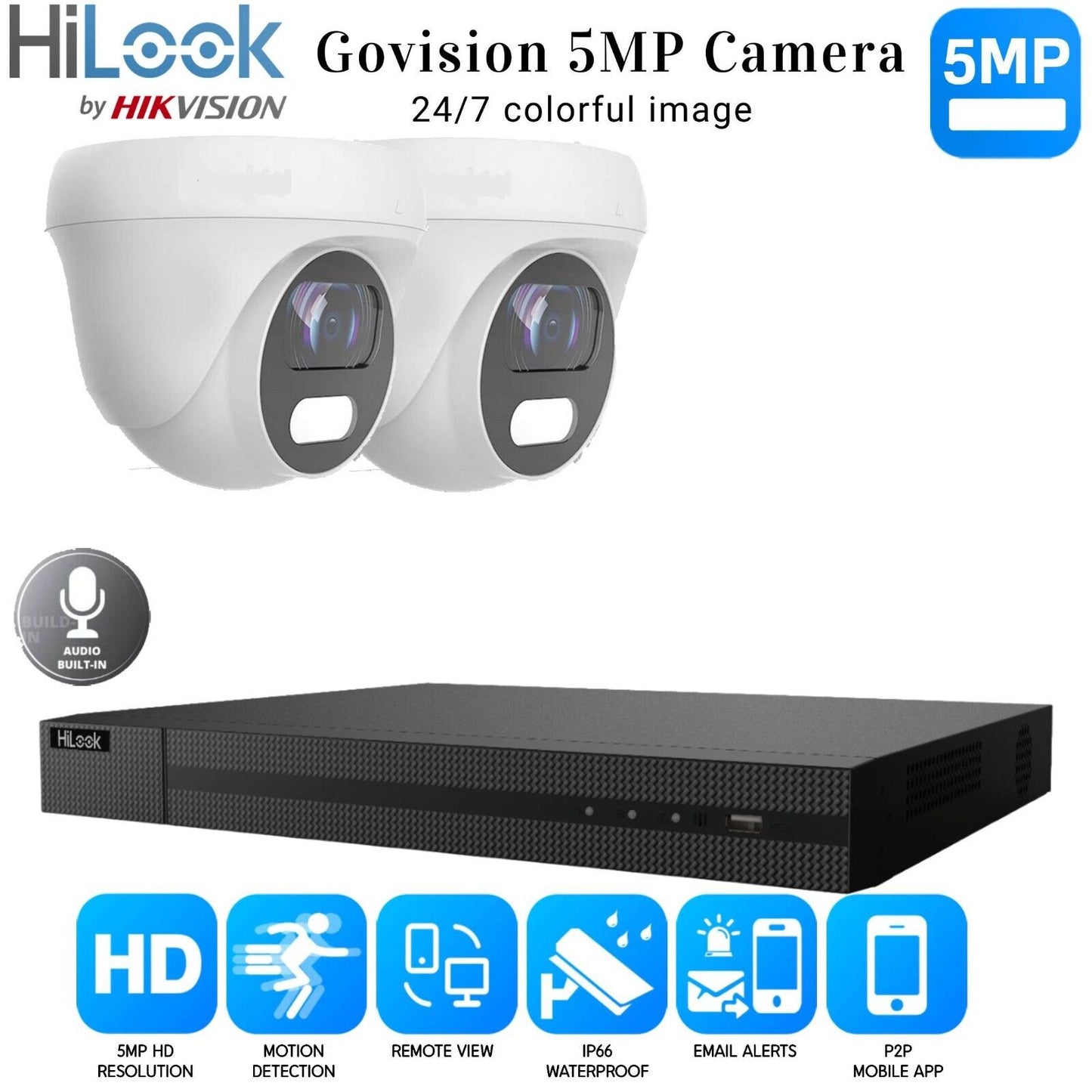 HIKVISION COLORVU CCTV SYSTEM HD 5MP 24/7 COLORVu CAMERA KIT UK 4CH DVR 2x Cameras (white) 1TB HDD