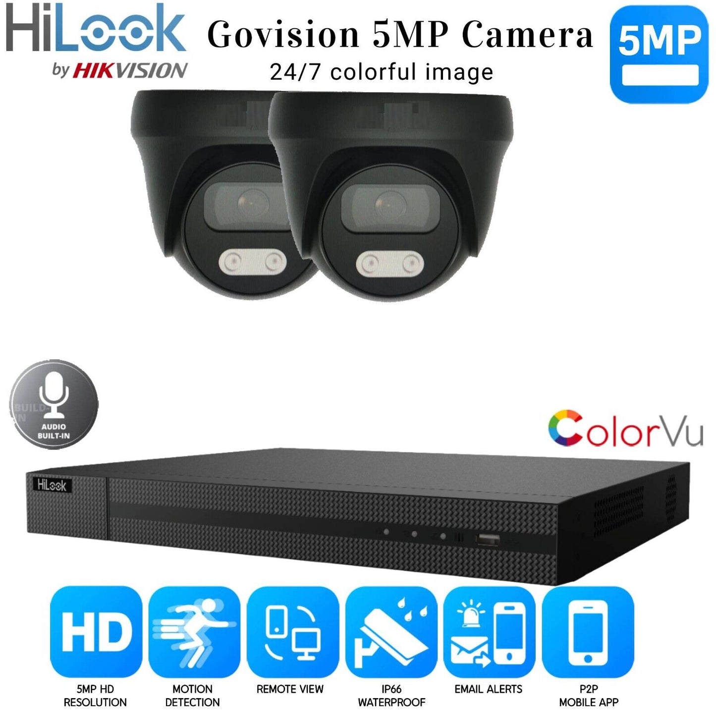 HIKVISION COLORVU CCTV SYSTEM HD 5MP 24/7 COLORVu CAMERA KIT UK 4CH DVR 2x Cameras (gray) 1TB HDD