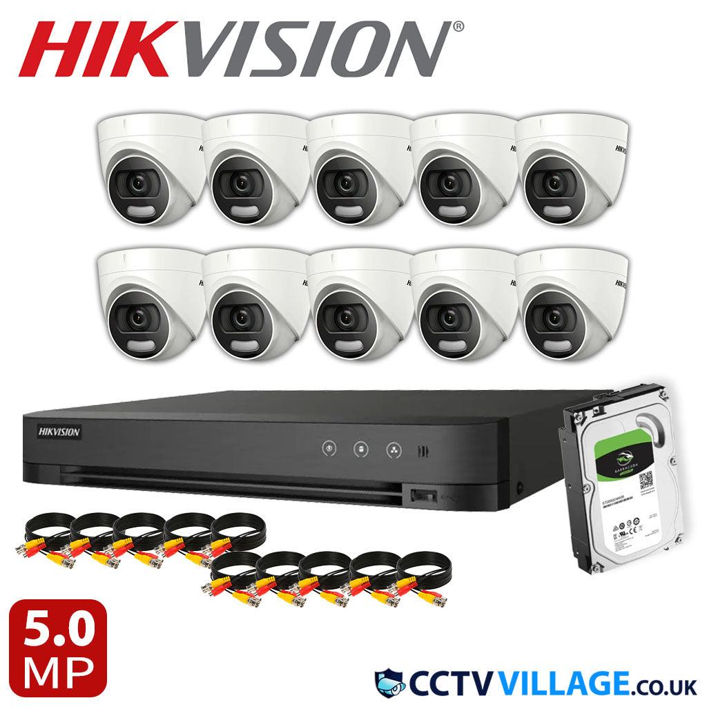 Hikvision 10x Camera System 16 Channel 1080p 1U H.265 AcuSense DVR with 1TB HDD 5MP ColorVu Fixed Turret Camera DS-2CE72HFT-F(3.6mm)