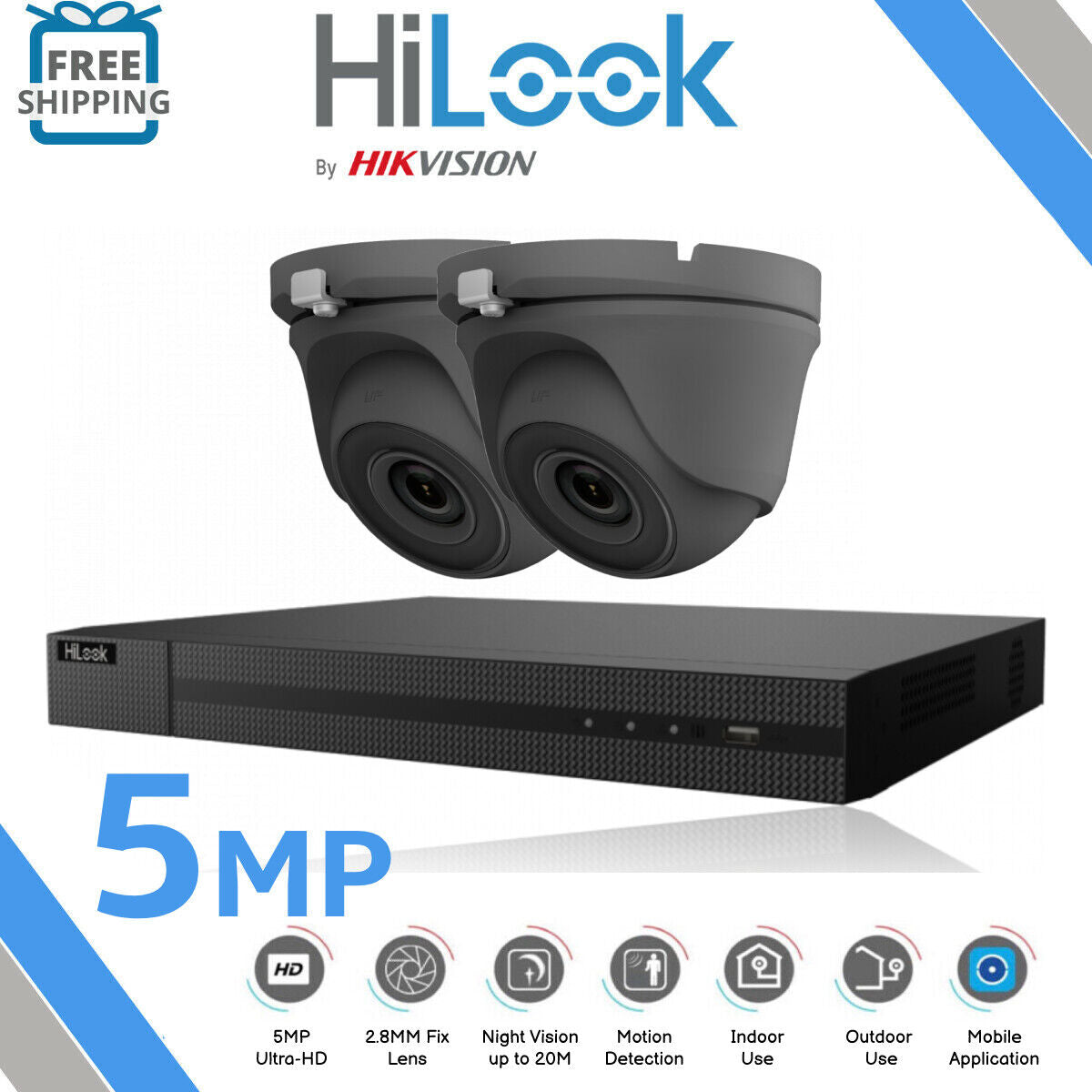 CCTV ULTRA HD 5MP NIGHTVISION OUTDOOR DVR HIK-CONNECT HOME SECURITY SYSTEM KIT 4CH DVR 2x Cameras (grey) 1TB HDD