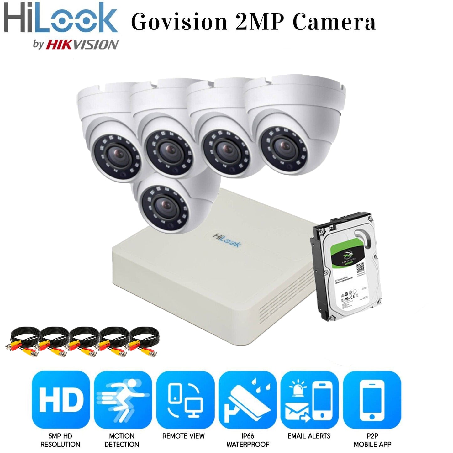 Hikvision Home Outdoor CCTV Security Camera System Kit HD 1080P 4CH DVR IR NIGHT 8CH DVR 5xCameras (white) 500GB HDD