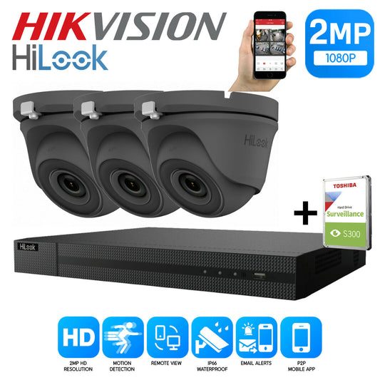 HIKVISION HILOOK CCTV SYSTEM KIT 4CH DVR 2MP TURRET CAMERA DAY/NIGHT UK 4CH DVR 3xCameras (gray) 1TB HDD