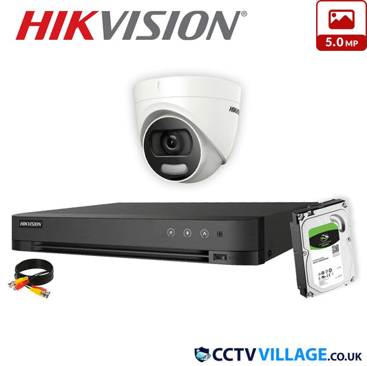 Hikvision 1x Camera System 4 Channel 1080p 1U H.265 AcuSense DVR with 10TB HDD 5MP ColorVu Fixed Turret Camera DS-2CE72HFT-F(3.6mm)