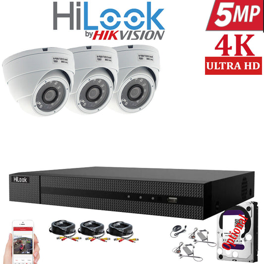 HIKVISION HILOOK 5MP CCTV SYSTEM 4CH DVR FULL HD 20M NIGHT VISION DOME CAMERAS 3x Cameras (White) 2TB HDD