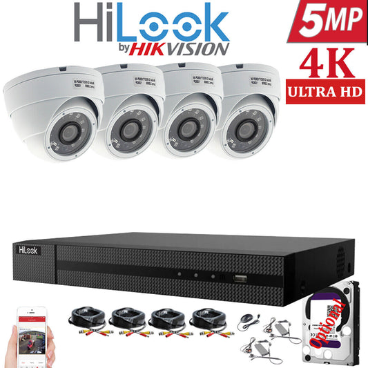 HIKVISION HILOOK 5MP CCTV SYSTEM 4CH DVR FULL HD 20M NIGHT VISION DOME CAMERAS 4x Cameras (White) 1TB HDD