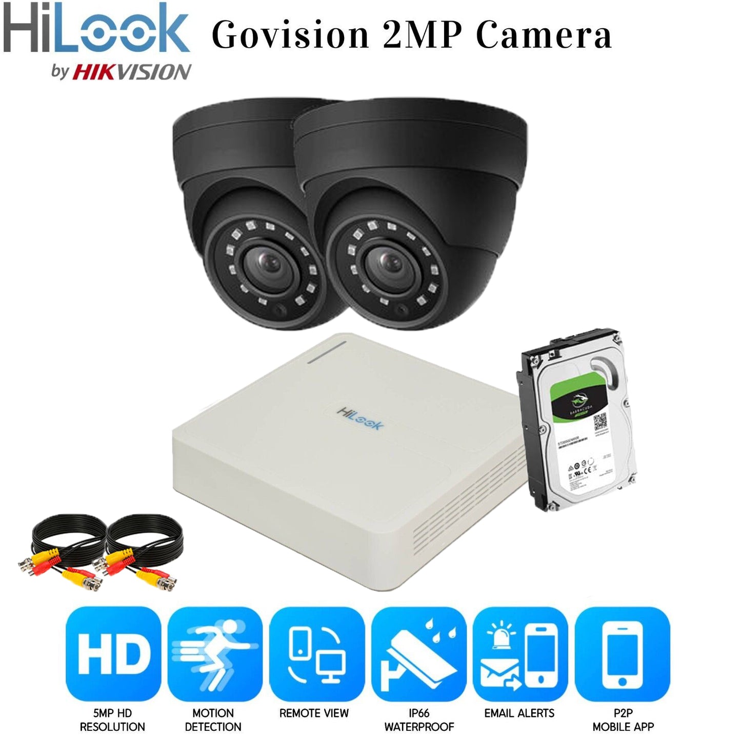 Hikvision CCTV system full HD DVR HD outdoor camera home security kit 4ch DVR 2xCameras (gray) 2TB HDD