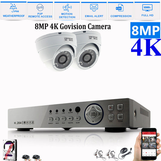 8MP CCTV System 4CH 8CH 4K Ultra HD DVR Dome Camera Home Security Kit Night UK 4CH DVR 2xCameras (white) 2TB HDD