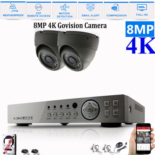 8MP CCTV System 4CH 8CH 4K Ultra HD DVR Dome Camera Home Security Kit Night UK 4CH DVR 2xCameras (gray) 2TB HDD