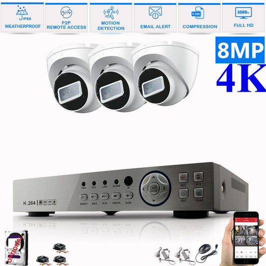 8MP CCTV 4K KIT DVR SYSTEM OUTDOOR ULTRA HD HOME CAMERA SECURITY KIT NIGHTVISION 4CH DVR 3xCameras (white) 1TB HDD