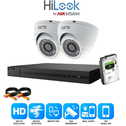 Hikvision Hilook 5MP CCTV system 4ch DVR full HD 20M night vision dome cameras 2x Cameras (White) 1TB HDD