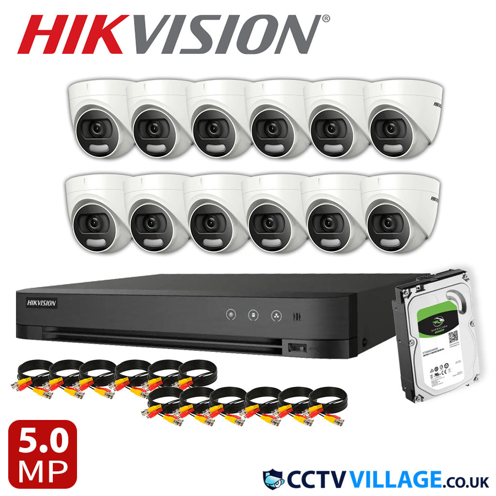 Hikvision 12x Camera System 16 Channel 1080p 1U H.265 AcuSense DVR with 1TB HDD 5MP ColorVu Fixed Turret Camera DS-2CE72HFT-F(3.6mm)