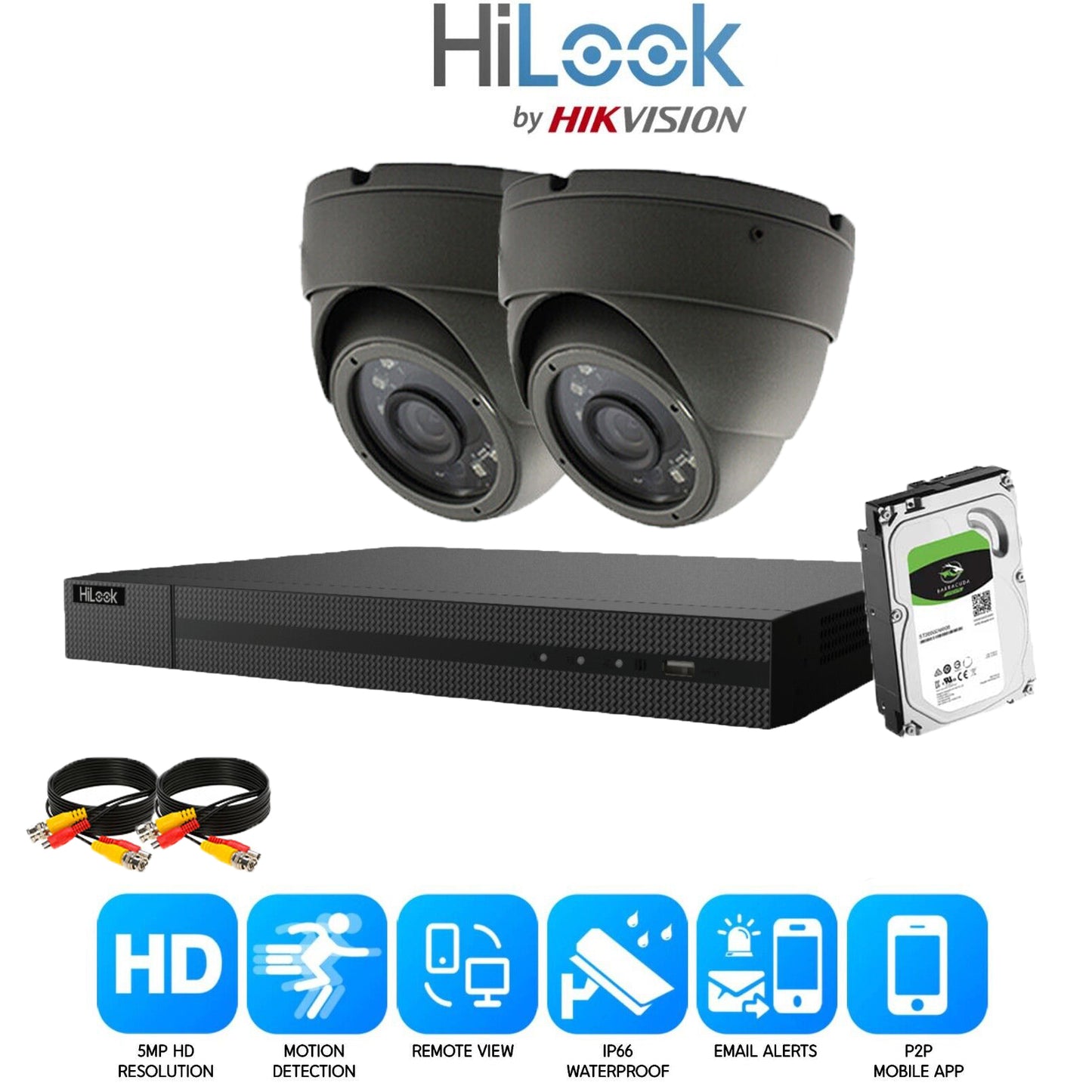 Hikvision Hilook 5MP CCTV system 4ch DVR full HD 20M night vision dome cameras 2x Cameras (Grey) 1TB HDD