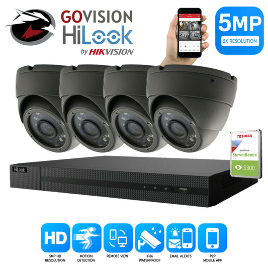 HIKVISION CCTV 1080P HD 5MP IR NIGHT VISION OUTDOOR DVR HOME SECURITY SYSTEM KIT 4CH DVR 4x Cameras (grey) 1TB HDD