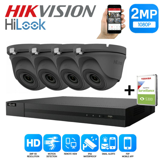 HIKVISION HILOOK CCTV SYSTEM KIT 4CH DVR 2MP TURRET CAMERA DAY/NIGHT UK 4CH DVR 4xCameras (gray) 1TB HDD