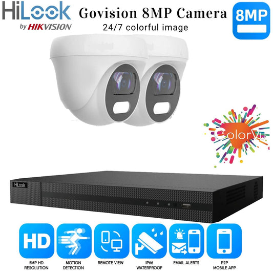 HIKVISION 8MP COLORVU CCTV SYSTEM UHD 8MP DVR 4K 24/7 COLORVu OUTDOOR CAMERA KIT 4CH DVR 2xCameras (white) 1TB HDD