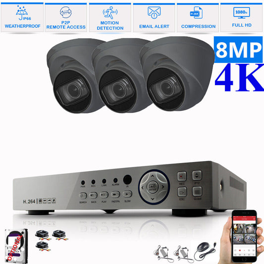 8MP CCTV 4K KIT DVR SYSTEM OUTDOOR ULTRA HD HOME CAMERA SECURITY KIT NIGHTVISION 4CH DVR 3xCameras (gray) 1TB HDD