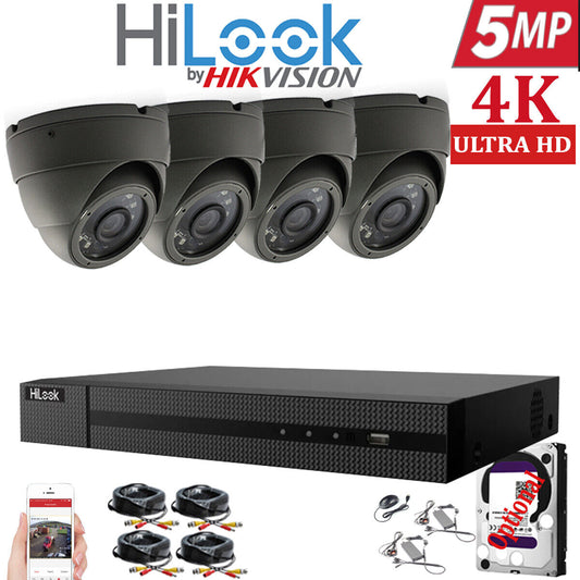 HIKVISION HILOOK 5MP CCTV SYSTEM 4CH DVR FULL HD 20M NIGHT VISION DOME CAMERAS 4x Cameras (Grey) 2TB HDD
