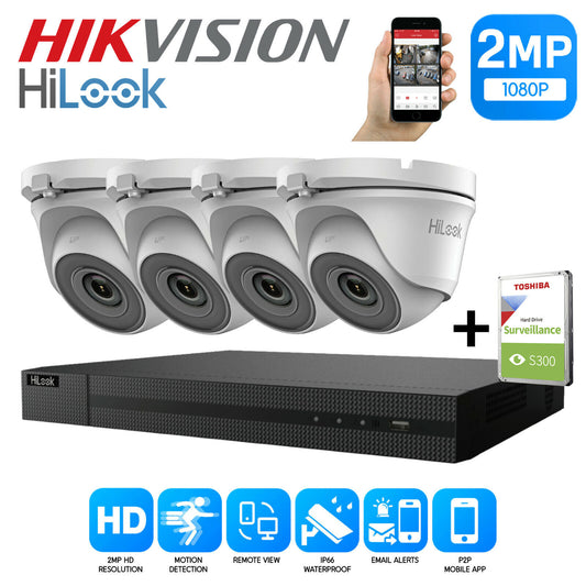 HIKVISION HILOOK CCTV SYSTEM KIT 4CH DVR 2MP TURRET CAMERA DAY/NIGHT UK 4CH DVR 4xCameras (white) 2TB HDD