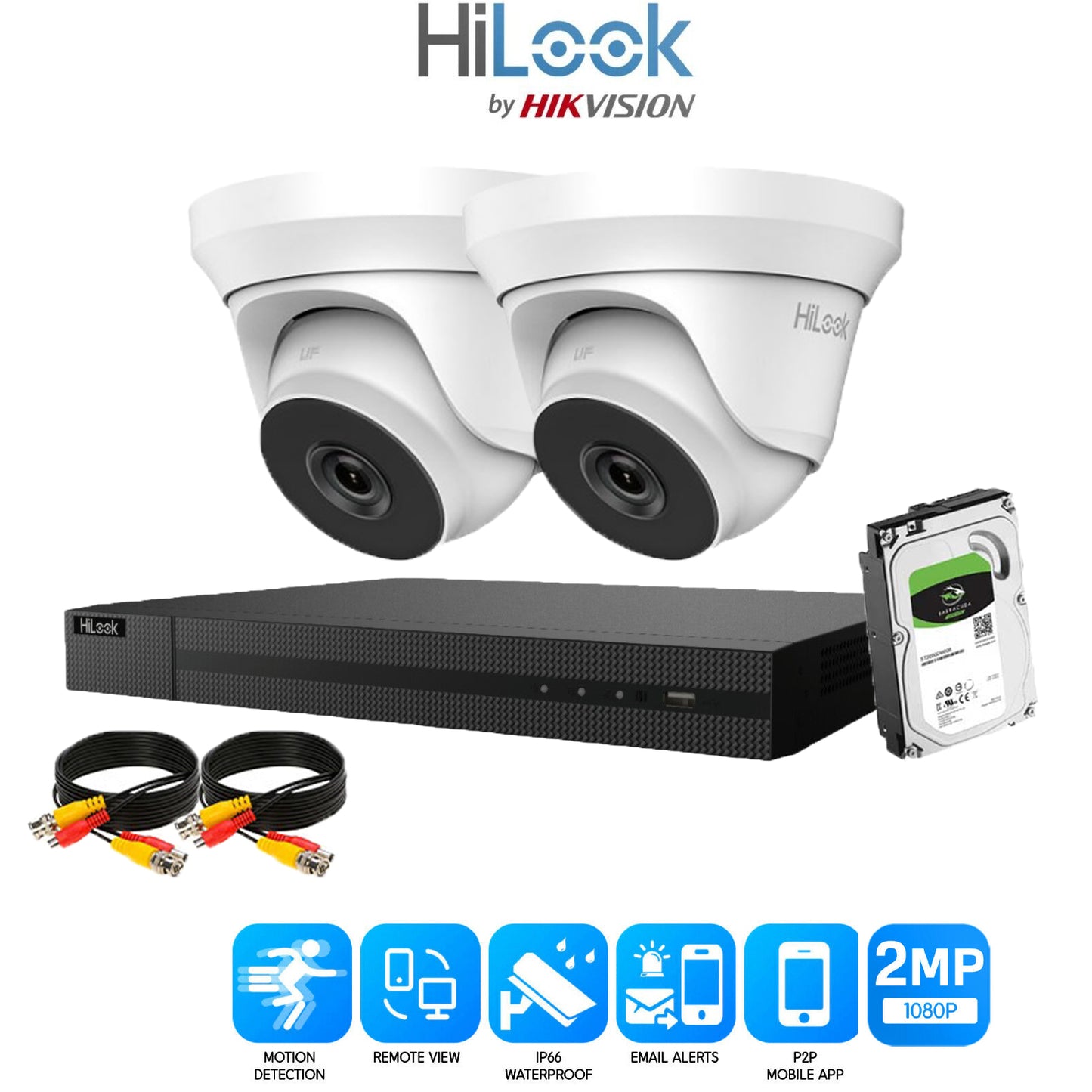 Hilook  2MP Full CCTV Security System. 8CH DVR and  2x Outdoor Low Light Cameras and 1TB HDD