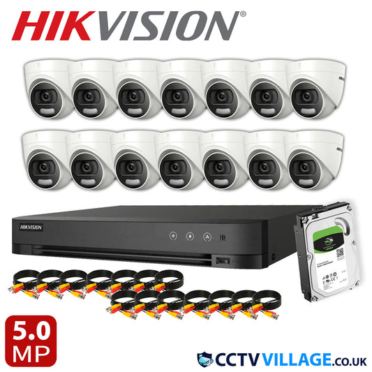 Hikvision 14x Camera Kit 16 Channel 1080p 1U H.265 AcuSense DVR with 2TB HDD 5MP ColorVu Fixed Turret Camera DS-2CE72HFT-F(3.6mm)