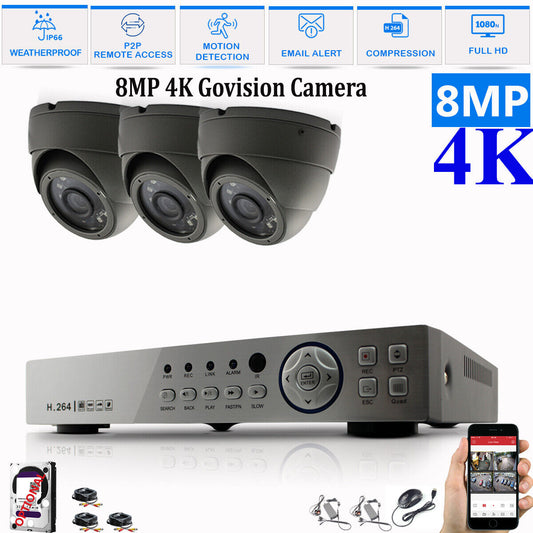 8MP CCTV System 4CH 8CH 4K Ultra HD DVR Dome Camera Home Security Kit Night UK 4CH DVR 3xCameras (gray) 2TB HDD