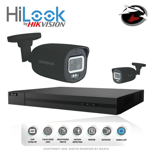 HIKVISION HILOOK 5MP CCTV SYSTEM DVR UHD 24/7 HOURS COLORFUL NIGHTVISION CAMERA 4CH DVR 2xCameras (gray) 4TB HDD