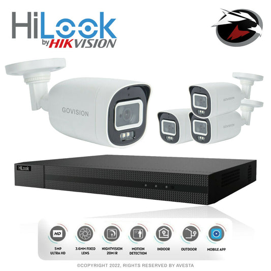 HIKVISION HILOOK 5MP CCTV SYSTEM DVR FULL HD 24/7 HOURS COLORFUL CAMERA KIT UK 4CH DVR 4x Cameras (white) 1TB HDD