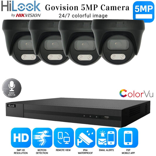 HIKVISION CCTV SYSTEM 5MP AUDIO MIC CAMERA ColorVU SECURITY KIT Mobile bundle UK 4CH DVR 4xCameras (gray) 1TB HDD