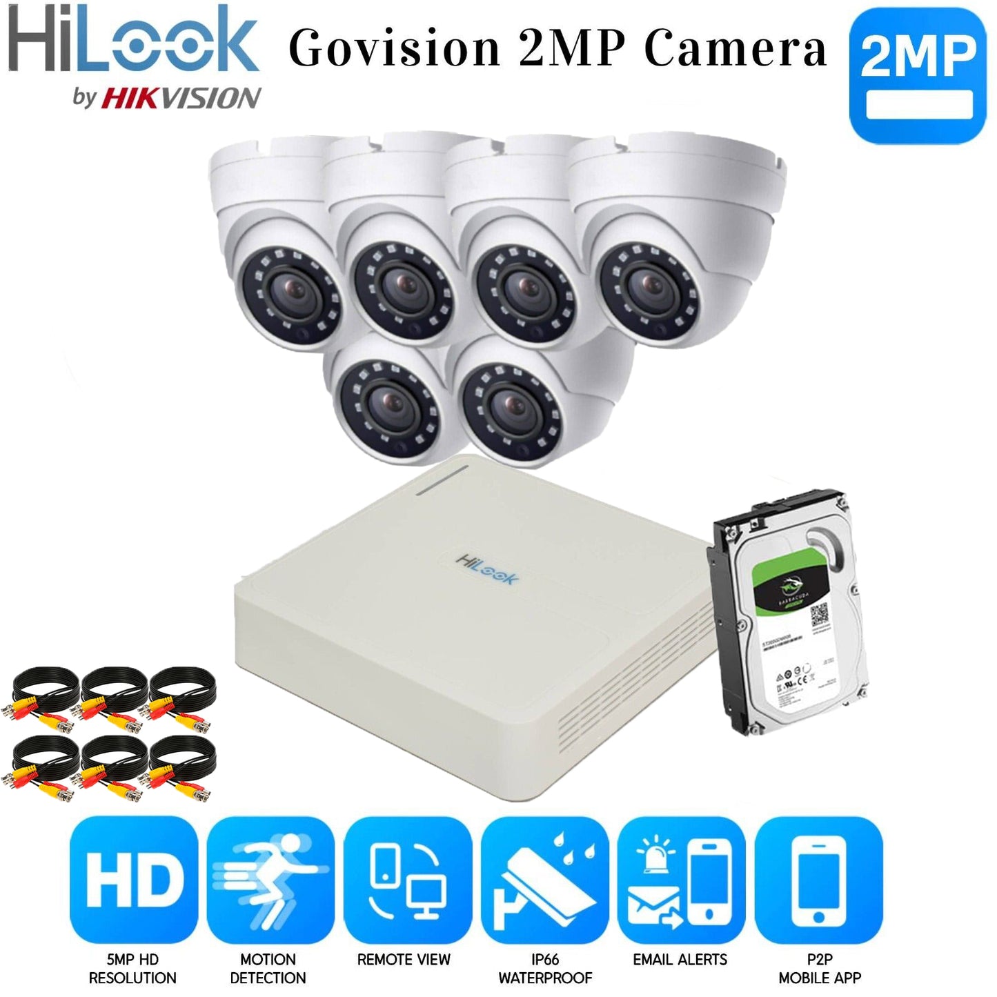 Hikvision Home Outdoor CCTV Security Camera System Kit HD 1080P 4CH DVR IR NIGHT 8CH DVR 6xCameras (white) 500GB HDD