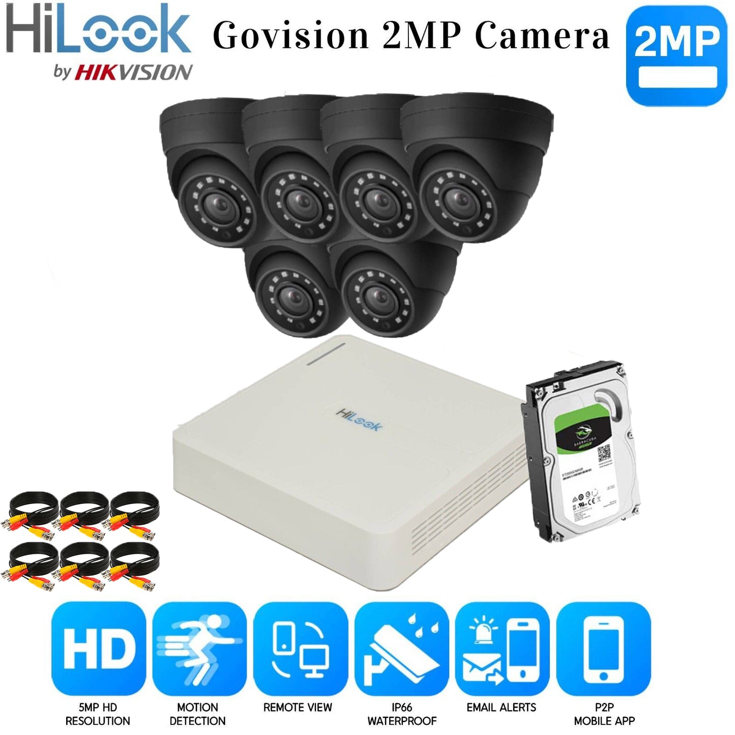 Hikvision Home Outdoor CCTV Security Camera System Kit HD 1080P 4CH DVR IR NIGHT 8CH DVR 6xCameras (gray) 500GB HDD