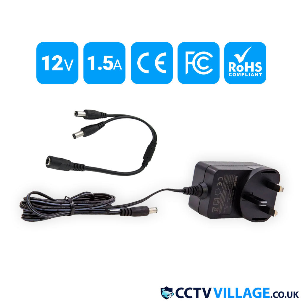 CCTV Camera Adapter 12V 1.5A Power Supply +2 Way Power Splitter Cable