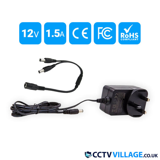 CCTV Camera Adapter 12V 1.5A Power Supply +2 Way Power Splitter Cable