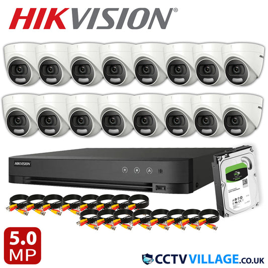 Hikvision 16x Camera Kit 16 Channel 1080p 1U H.265 AcuSense DVR with 1TB HDD 5MP ColorVu Fixed Turret Camera DS-2CE72HFT-F(3.6mm)