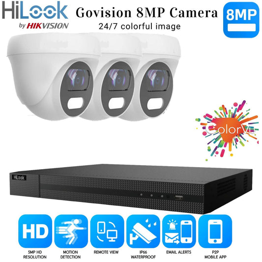 HIKVISION 8MP COLORVU CCTV SYSTEM UHD 8MP DVR 4K 24/7 COLORVu OUTDOOR CAMERA KIT 4CH DVR 3xCameras (white) 1TB HDD
