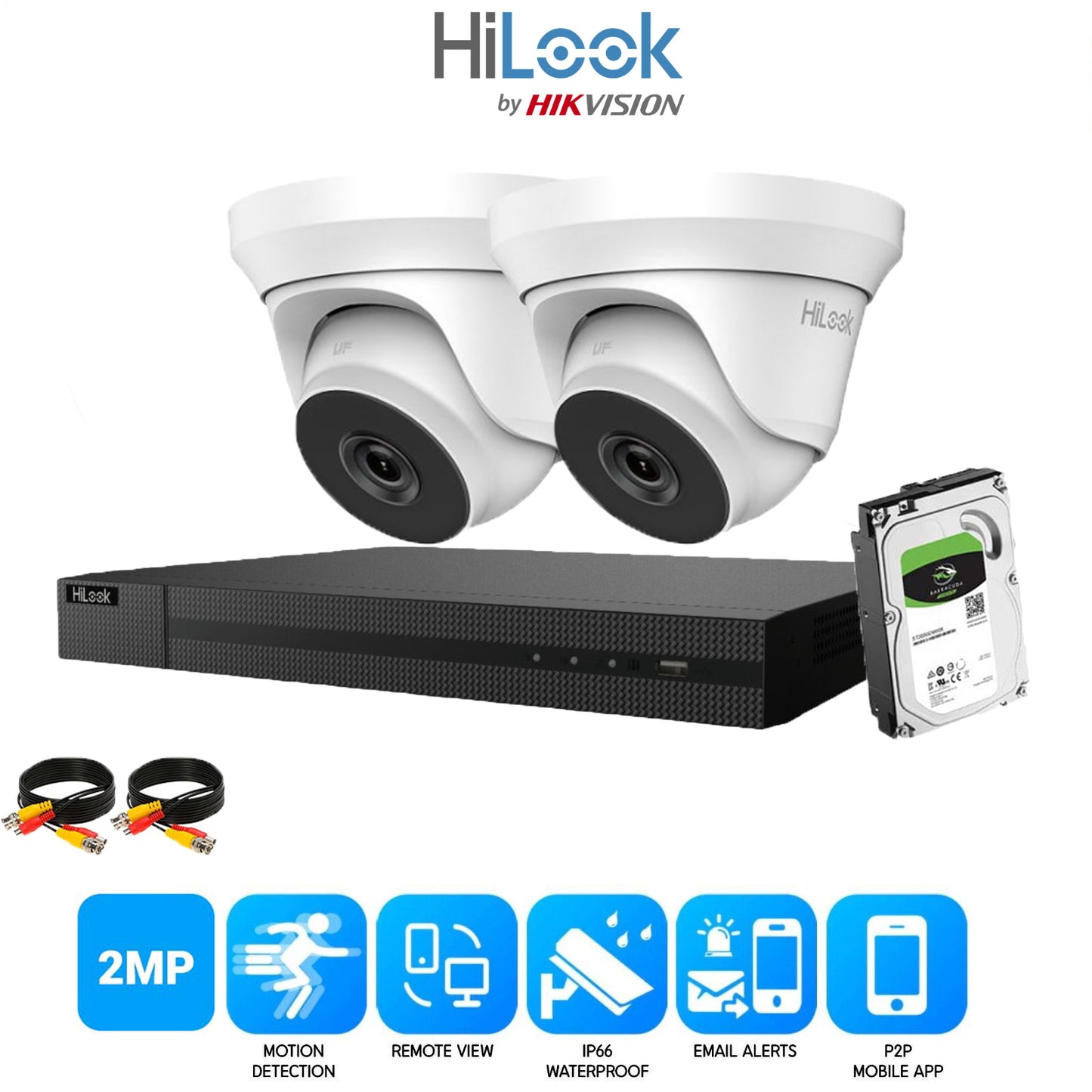 Hilook 2MP Full CCTV Security System. 4CH DVR and 2x Outdoor Low Light Cameras and 2TB HDD