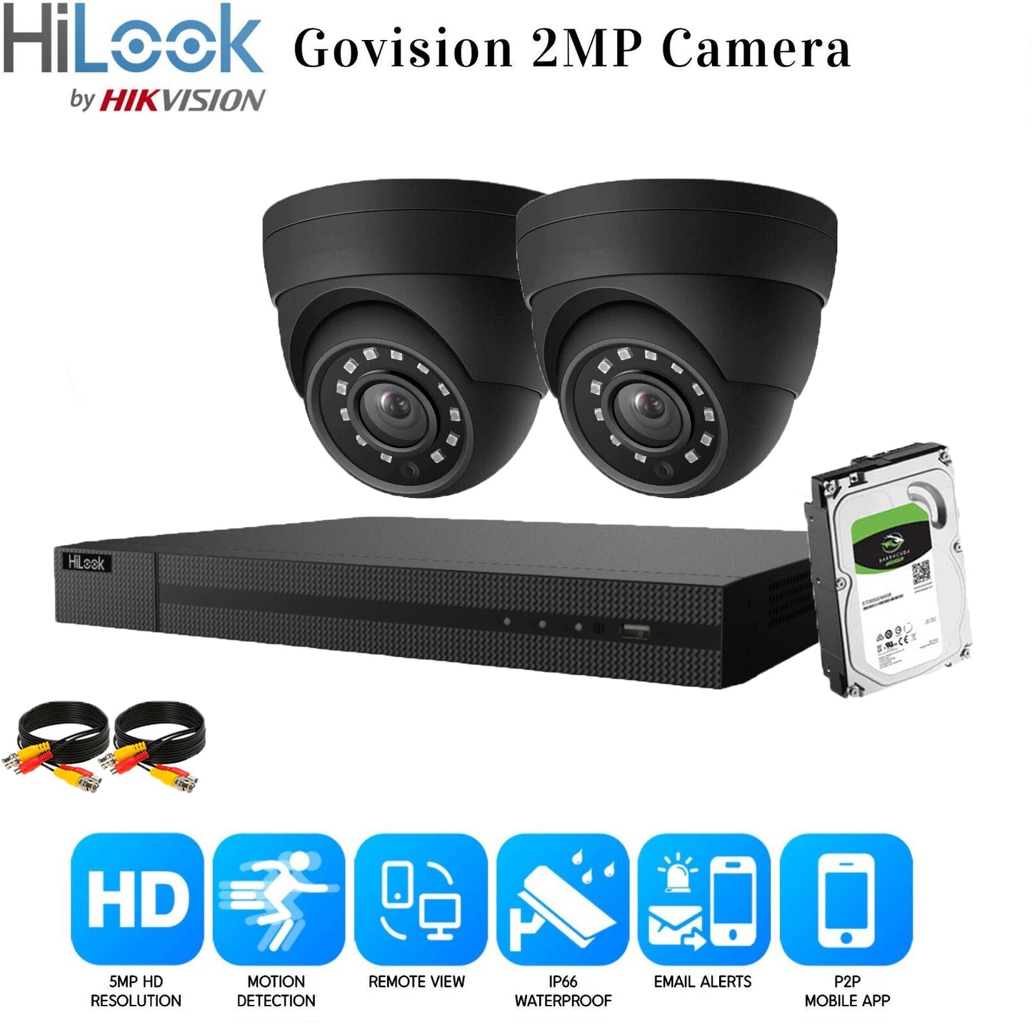 HIKVISION 5MP CCTV FULL HD NIGHT VISION OUTDOOR DVR HOME SECURITY SYSTEM KIT UK 4CH DVR 2xCameras (gray) 2TB HDD