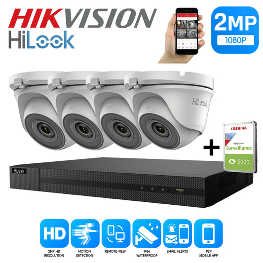 HIKVISION HILOOK CCTV SYSTEM KIT 8CH DVR 2MP TURRET CAMERA DAY/NIGHT UK 8CH DVR 4xCameras (white) 2TB HDD