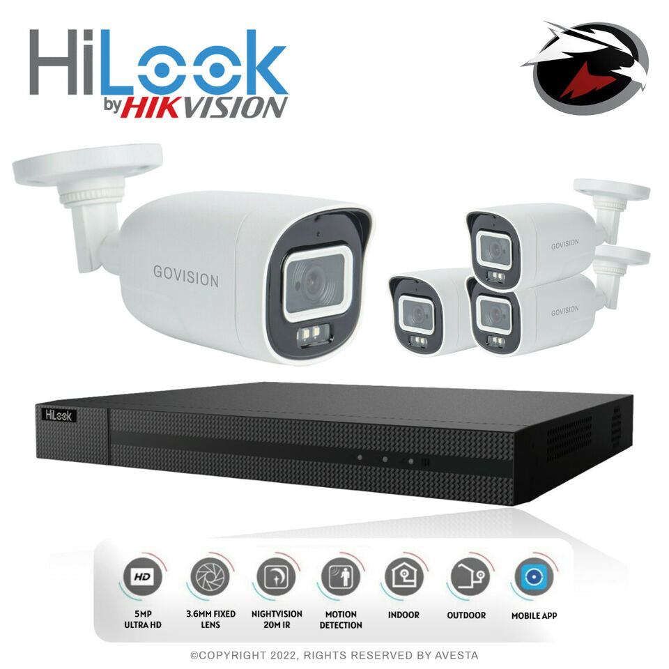 HIKVISION HILOOK 5MP CCTV SYSTEM DVR FULL HD 24/7 HOURS COLORFUL CAMERA KIT UK 4CH DVR 4x Cameras (white) 2TB HDD