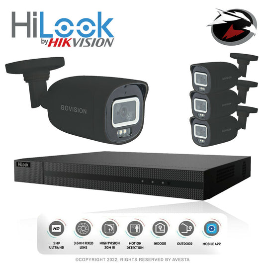 HIKVISION HILOOK 5MP CCTV SYSTEM DVR FULL HD 24/7 HOURS COLORFUL CAMERA KIT UK 4CH DVR 4x Cameras (gray) 2TB HDD