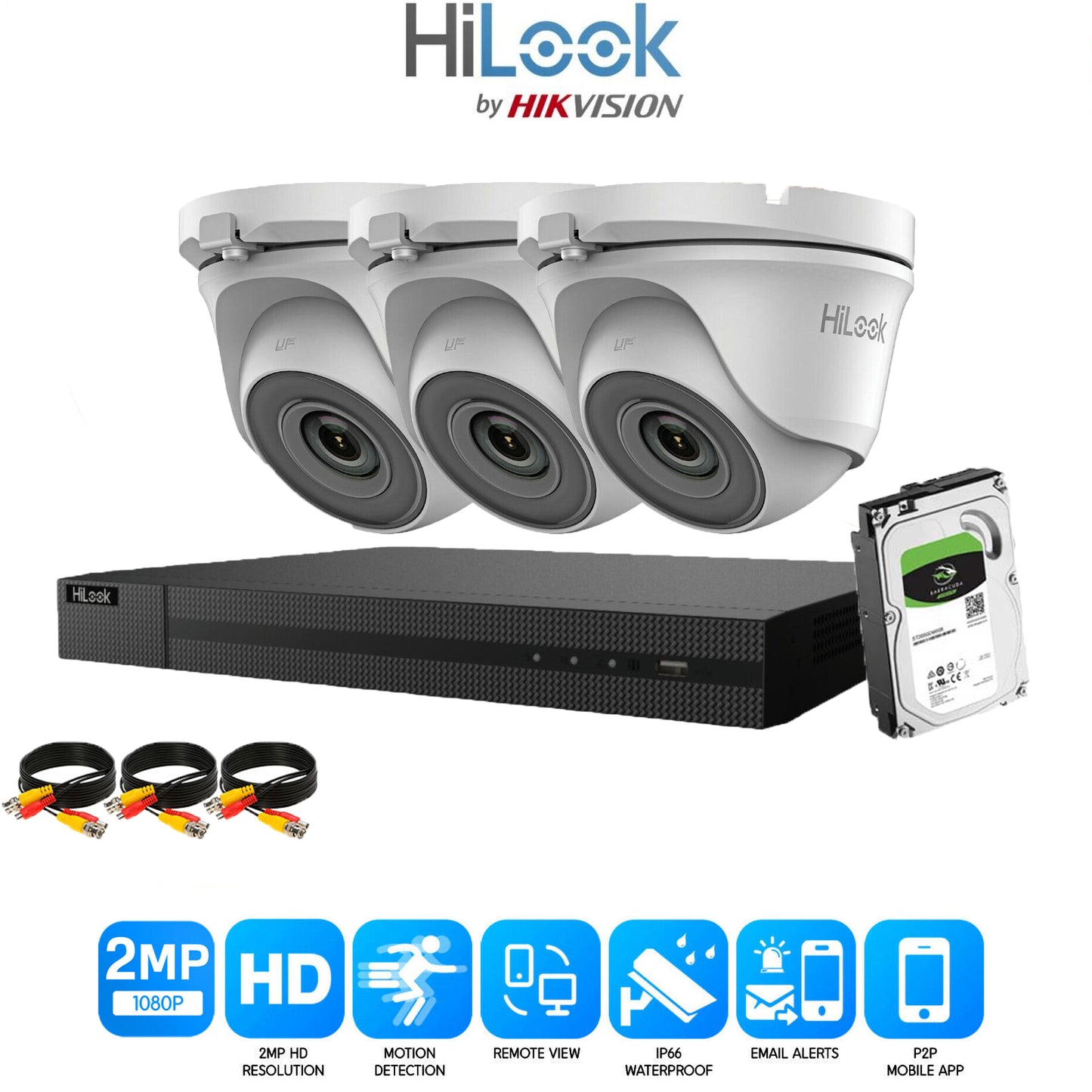 Hilook  2MP Full CCTV Security System. 4CH DVR and 3x Turret Cameras and 1TB HDD