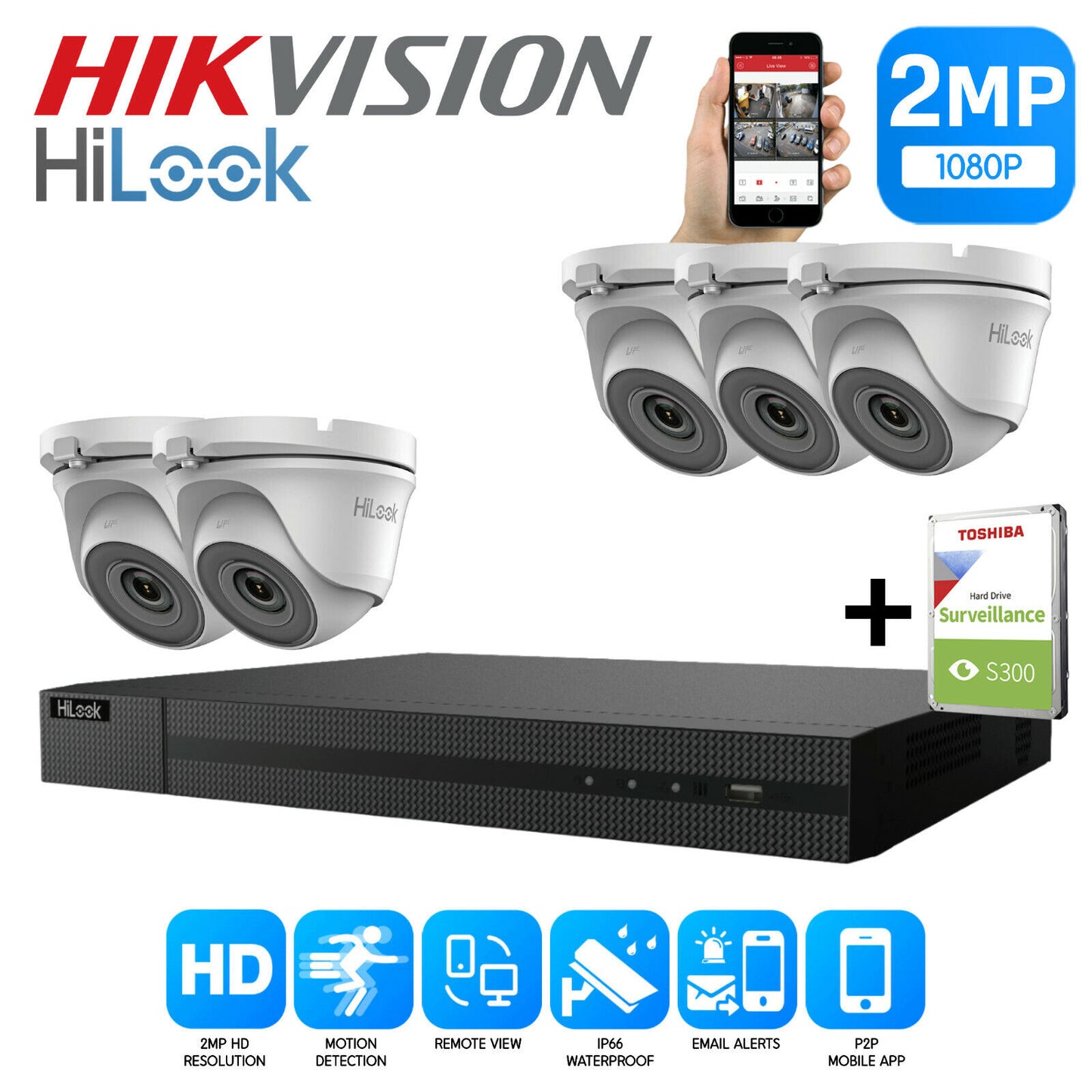 HIKVISION HILOOK CCTV SYSTEM KIT 8CH DVR 2MP TURRET CAMERA DAY/NIGHT UK 8CH DVR 5xCameras (white) 1TB HDD