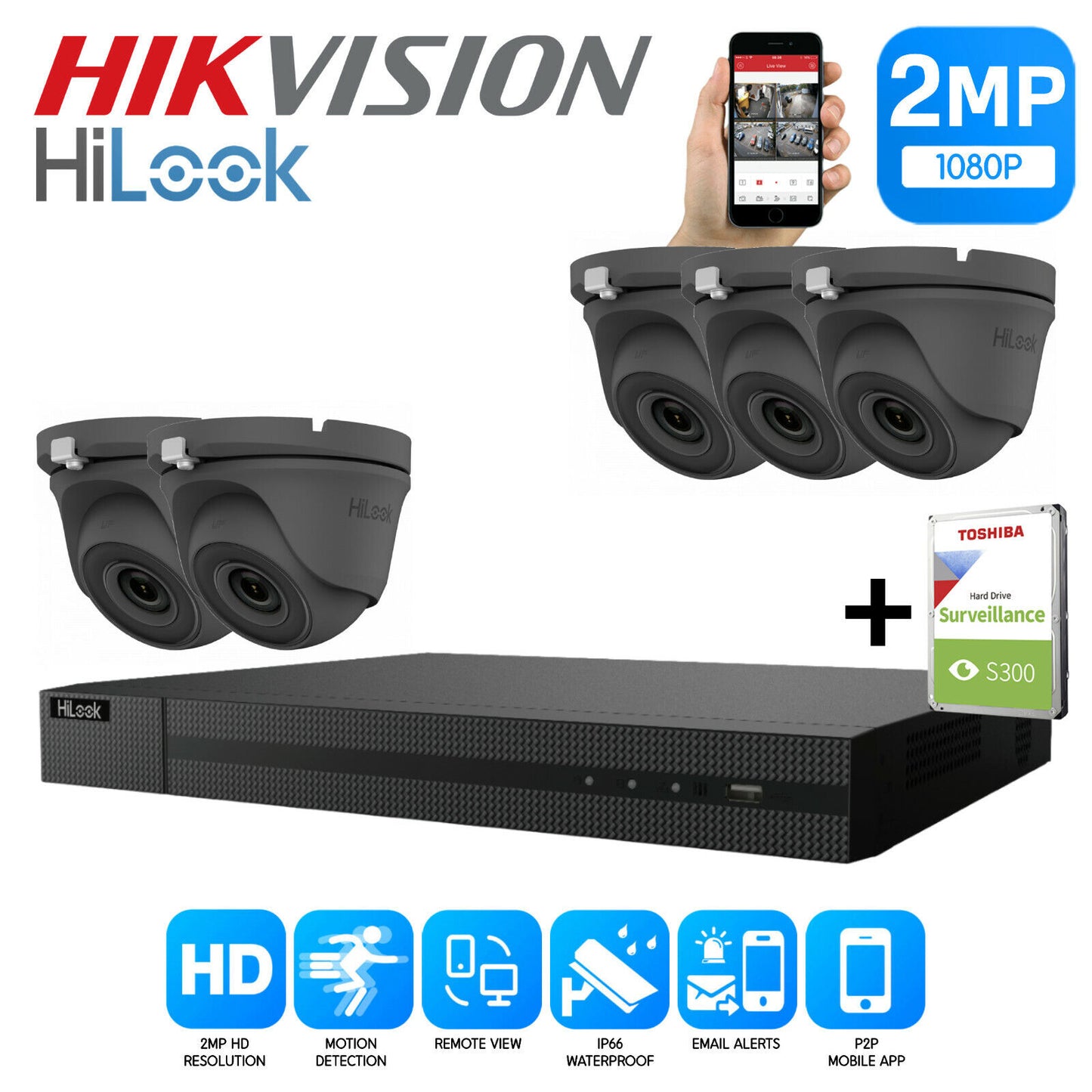 HIKVISION HILOOK CCTV SYSTEM KIT 8CH DVR 2MP TURRET CAMERA DAY/NIGHT UK 8CH DVR 5xCameras (gray) 1TB HDD