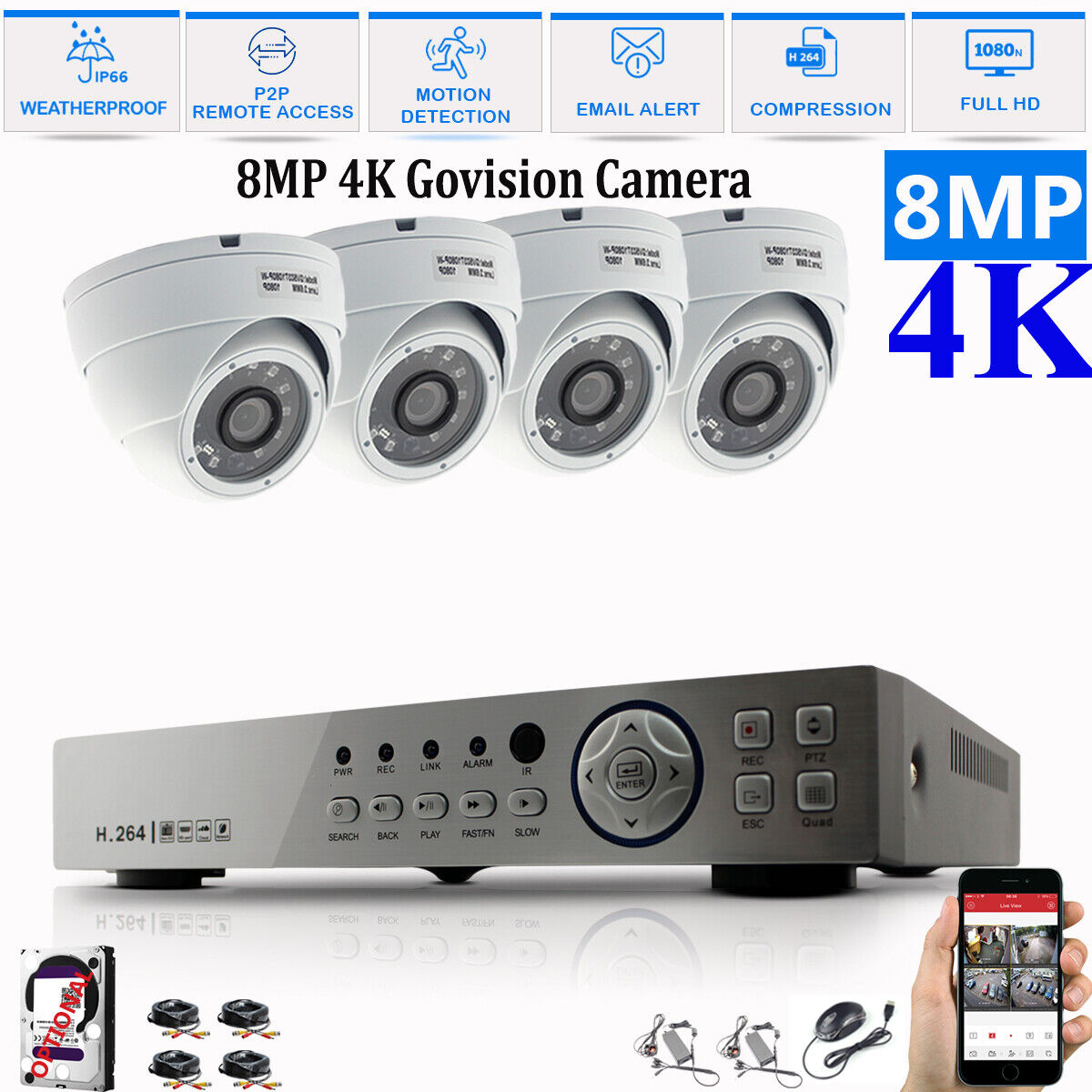 8MP CCTV System 4CH 8CH 4K Ultra HD DVR Dome Camera Home Security Kit Night UK 8CH DVR 4xCameras (white) 1TB HDD