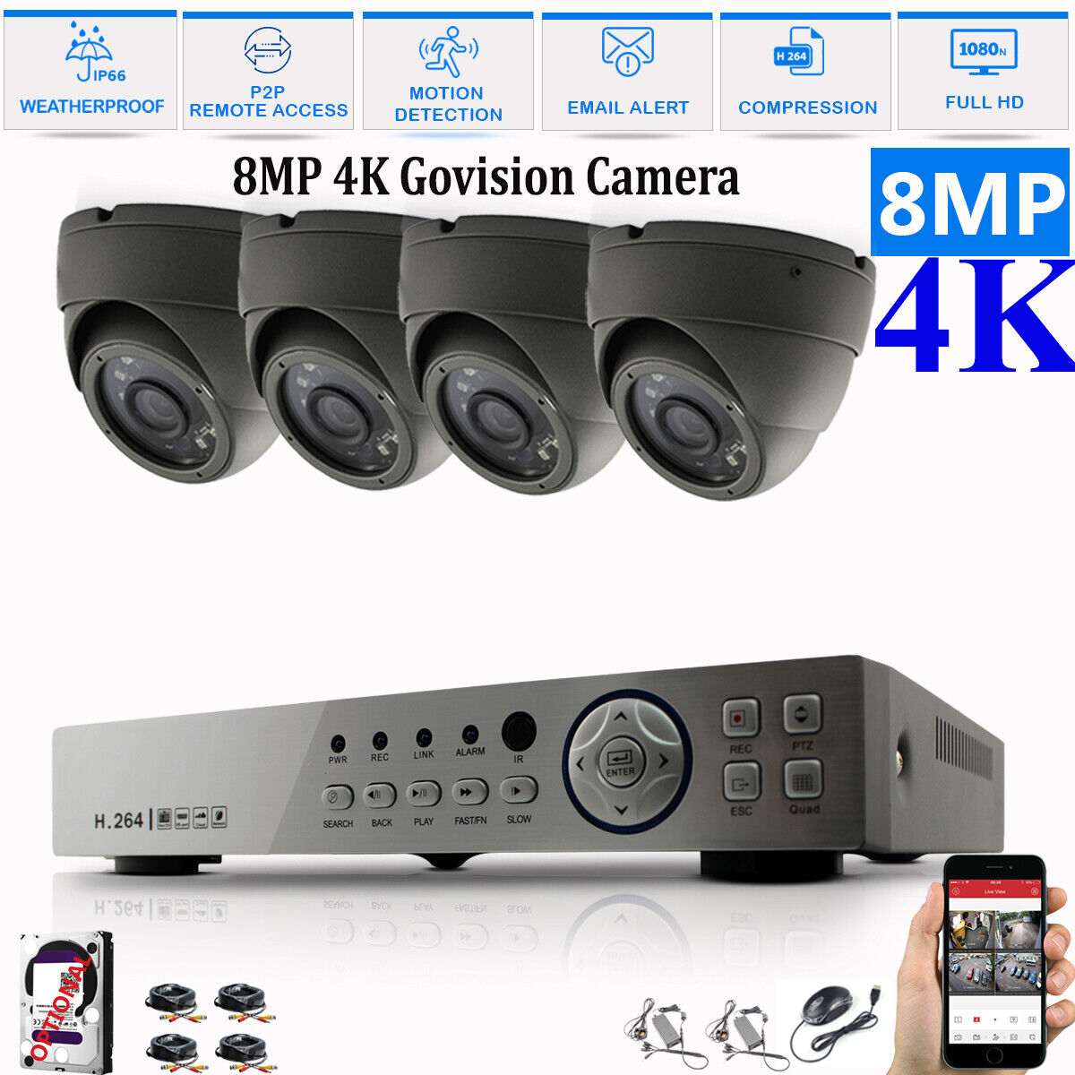 8MP CCTV System 4CH 8CH 4K Ultra HD DVR Dome Camera Home Security Kit Night UK 8CH DVR 4xCameras (gray) 1TB HDD