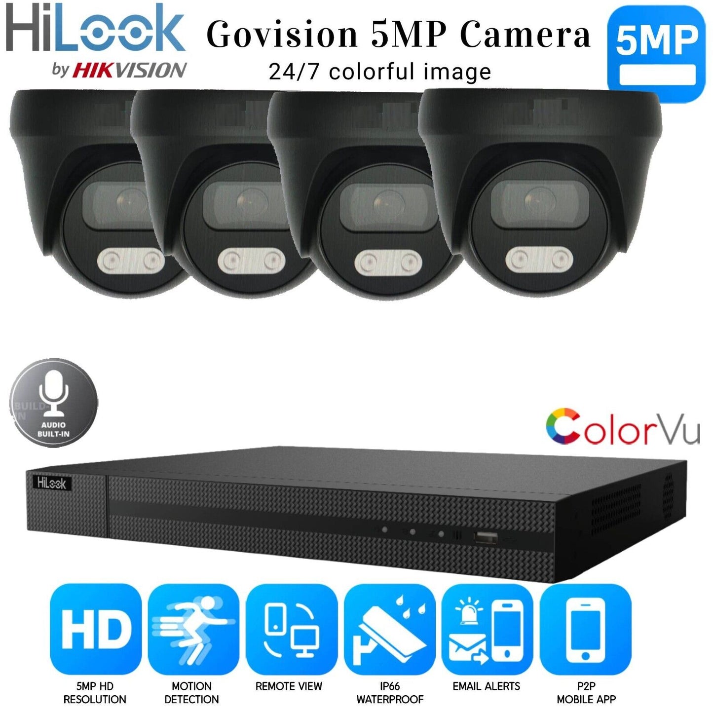 HIKVISION CCTV SYSTEM 5MP AUDIO MIC CAMERA ColorVU SECURITY KIT Mobile bundle UK 4CH DVR 4xCameras (gray) 2TB HDD