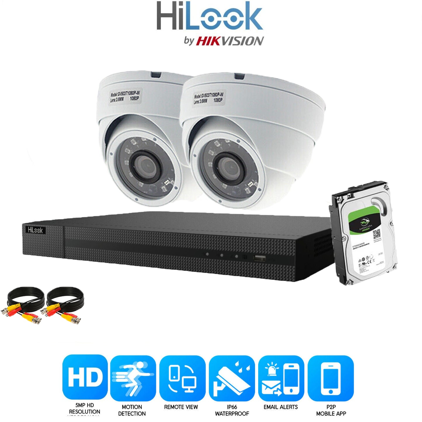 HIKVISION HILOOK 5MP CCTV SYSTEM 4CH DVR FULL HD 20M NIGHT VISION DOME CAMERAS 2x Cameras (White) 2TB HDD