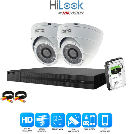 HIKVISION HILOOK 5MP CCTV SYSTEM 4CH DVR FULL HD 20M NIGHT VISION DOME CAMERAS 2x Cameras (White) 2TB HDD