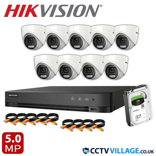 Hikvision 9x Camera Kit 16 Channel 1080p 1U H.265 AcuSense DVR with 1TB HDD 5MP ColorVu Fixed Turret Camera DS-2CE72HFT-F(3.6mm)